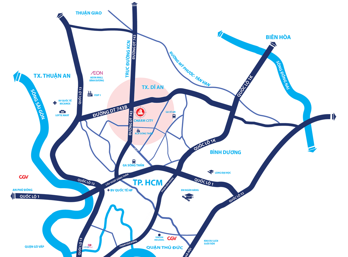 Map - vị trí dự án Charm City đắc địa tại trung tâm thị xã Dĩ An, Bình Dương